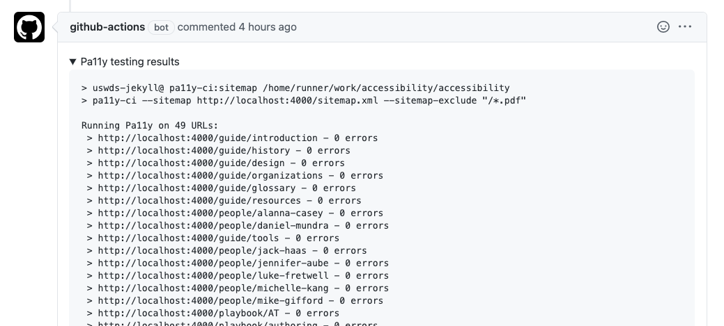 Screenshot of the GitHub action comment
